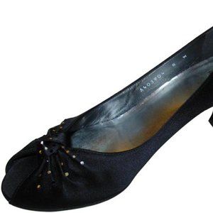 **Stuart Weitzman Black Peau De Soie Peep Toe Tonal Rhinestone Accent Pumps